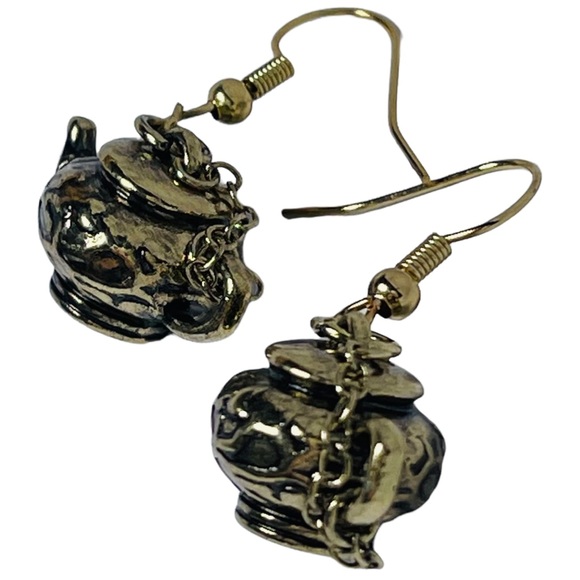 Gold metal tiny teapot dangly earrings NEW - Picture 5 of 6